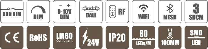 High Efficiency 2835 80LEDs/M IP20 24V LED Strip Lights